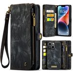 SWP Case for iPhone 14, Wallet Case w/Magnetic Detachable Cover [8 Card Slots] Clutch Wallet w/Wristlets Money Pocket for iPhone 14 (Black)