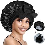 BONNET QUEEN Satin Bonnet Silk Bonnet for Sleeping Women Double Layer Reversible in 2 Colors Large Satin Lined Hair Bonnet for Curly Hair Night Sleep Cap with Tie Band Black+Grey