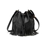 Gladdon Leather Bucket Bags for Women Crossbody Purses with Drawstring Ladies Tassel Hobo and Shoulder Handbags Black