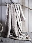 Eikei Luxury Faux Fur Throw Blanket Super Soft Oversized Thick Warm Afghan Reversible to Plush Velvet in Tan Grey Wolf, Cream Mink or Blush Chinchilla, Machine Washable 60 by 70 Inch (White Tipped)