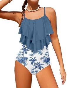Tomolant Girls Swimsuit, Girls Bathing Suits Size 16-18 Color Block One Piece Swimsuit 2-Tiered Ruffle Teen Bathing Suits with Chest Pad Adjustable Straps Swimwear