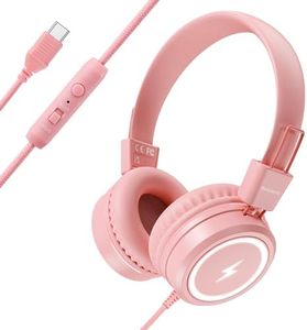 Bywulanda Casque pour Enfants avec lumières LED pour l'école, Casque USB de Type C avec Microphone, limiteur de Volume 85/94 DB, Casque Filaire pour garçons/Filles/Tablette/Voyage -Rose