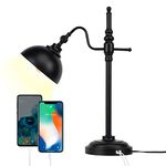 JCPYIUL Desk Lamp with 2 USB Charging Port Black Metal Table Lamp E27 Industrial Standing Lamp Rustic Modern Desk Lamp Vintage Work Lamp for Bedroom Office Living Room