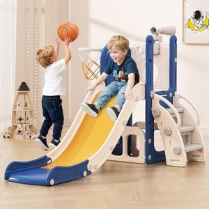 Babytronic Toddler Slide, 6 in 1 Kids Indoor Slide for Toddlers 1-3, Baby Indoor and Outdoor Climber Playset, Kids Slide with Basketball Hoop and Telescope, Toddler Outdoor Playground (Blue&Yellow)