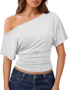 Trendy Queen Off the Shoulder Tops for Women 2026 Summer Going Out Asymmetrical Crop Top Short Sleeve Shirts Wrap Casual Cute Spring T Shirts Y2k Clothes Oatmeal Grey M