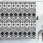 Ambesonne Tribal Shower Curtain, Hand Drawn Style Tribal Pattern Geometric and Oranmental Aztec Design Print, Cloth Fabric Bathroom Decor Set with Hooks, 69" W x 70" L, White and Black