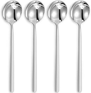 KEAWELL Premium Korean Soup Spoons with Long Handles, Set of 4, 18/10 Stainless Steel, Dishwasher Safe (Plain)