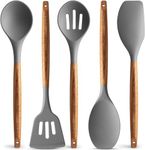 Silicon Spatula for Kitchen | Non-Stick | Cooking Spatulas with Wooden Handle | Spatula Turner Serving Cooking Spoon | Spatula Combs for Kitchen Tools Set (Set of 5 Grey)