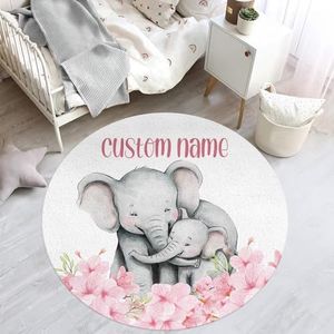 lanleay Custom Name Pink Floral Nursery Rugs for Baby Boys Girls, Elephant Newborn Rug with Custom Baby Name, Personalized Infants Gifts Circle Area Rug for Toddlers and Children