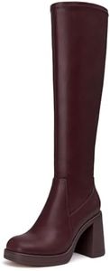 Athlefit Knee High Boots Women Chunky High Heel Burgundy Tall Boots Platform Square Toe Fashion Fall Stretch Heeled Booties Size 8.5