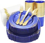 Nervure 175PCS Clear Blue Gold Plastic Plates Sets Include 25Dinner Plates, 25Dessert Plates, 25Cups, 25Forks, 25Knives, 25Spoons, 25Napkins for Weddings & Party