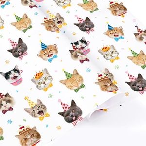 WERNNSAI Cat Birthday Wrapping Paper - 6 Sheets 19.7” x 27.5” White Cat Gift Wrapping Paper for Kids Birthday Party Gift Packing Supply Funny Cute Theme Decor Favor