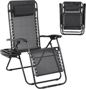 Zero Gravity Chairs, Adjustable Folding Lawn Chair with Pillow and Cup Holder Trays, Outdoor Anti Gravity Reclining Lounge Chair, for Poolside, Lawn, Beach, Camping, Black (1 Pack)