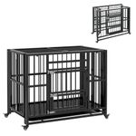 PawHut 37" Heavy Duty Dog Crate, Foldable Dog Cage on Wheels with Double Locks, Removable Tray, Openable Top, Double Doors, Indoor Outdoor Use, for Small and Medium Dogs - Black