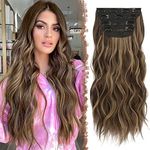 FESHFEN Clip in Hair Extensions 4PCS Honey Blonde Mixed Light Brown Thick Hair Piece Highlighted Long Wavy Clip in Extensions Full Head Synthetic Fiber Hairpieces for Women, 20 Inch 180g