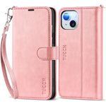 TUCCH Wallet Case for iPhone 15 Plus, [Wrist Strap] Kickstand RFID Blocking 4 Card Slots, Magnetic Closure PU Leather Shockproof TPU Shell Compatible with iPhone 15 Plus 6.7", Pink with Wristlet