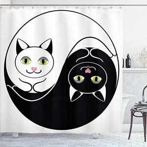 Ambesonne Ying Yang Shower Curtain, Black and White Cuddling Cats in Yin Yang Form Harmony and Balance Kitten, Cloth Fabric Bathroom Decor Set with Hooks, 70" Long, Black White