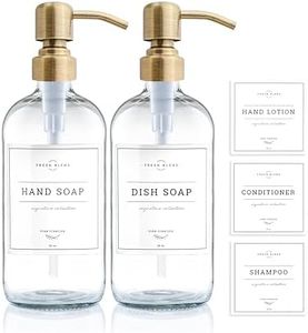 Vine Creations Clear Glass Soap Dispenser 2 Pack, Thick 16oz Bottles Rustproof Stainless Steel Pump, Kitchen Bathroom Accessories, Hand Soap Dish Soap Dispenser, with Waterproof Labels (Brushed Brass)