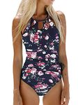 CUPSHE Women's One Piece Swimsuit High Neck Beach Swimwear Ruched Tummy Control Bathing Suit Swimming Costume Black Floral L