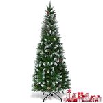 GYMAX Snow Flocked Pencil Christmas Tree, 5FT/6FT/7.5FT Slim Christmas Tree with Pine Cones and Metal Stand, Hinged Xmas Tree Holiday Decoration for Home, Office, Shops & Hotels