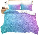 Colorful Glitter Bedding Single Girly Turquoise Teal Blue Pink Pastel Colors Duvet Cover 2 Piece Trendy Bed Spreads Girls Comforter Cover Set with Sparkle Sequin Modern Bedroom Decor Bedding