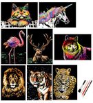 Scratch Painting, Scratch Art Rainbow Paper A4 for Adults and Kids, DIY Art Craft Night View Scratchboard with 4 Tools, 8 Pack 11.6 X 8.3 Inch (Animal Series)