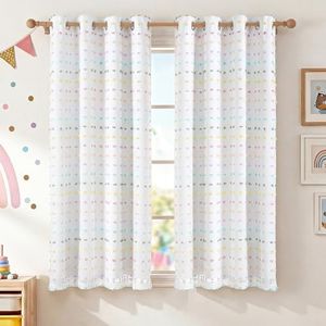 RYB HOME Rainbow Cute Curtains for Kids Room 100% Blackout - Pastel Pom Pom Sheer Overlay Double Layer Curtains, 2 in 1 Drapes for Baby Nursery Decor, 2 Panels W52 x L63