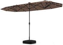 Tangkula 13FT Double-sided Patio Umbrella with Solar Lights, Large Twin Table Umbrella with Crank Handle, Umbrella Base Included, Outdoor Market Umbrella for Garden Pool Backyard (Tan)