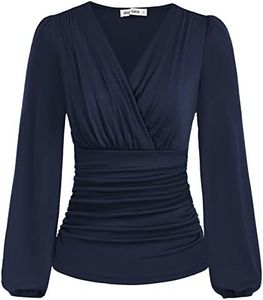 GRACE KARIN 2024 Womens Tops Elegant Wrap Blouse V Neck Work Shirts Fall Fashion Long Sleeve Dressy Casual Ruched Top, Navy Blue, Large