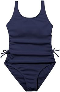 OYOANGLE Girl's Cute Spaghetti Straps Round Neck Drawstring One Piece Swimwear Tie Bathing Suit Dark Blue 14 Years