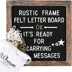 Rustic Wood Frame Black Felt Letter Board 10x10 inches. Pre-Cut White & Gold Letters, Symbols, Emojis, Simple Cursive Words + 2 Letter Bags, Scissors, Vintage Stand. by whoaon