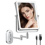Rechargeable Wall Mounted Lighted Makeup Mirror, Bathroom Mirror Rectangle 9 Inch Double Sided 1X 10X Magnifying, 3 Color Lighting, Extended Arm 360° Swivel Foldable Light Up Mirror