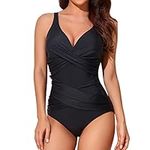 Smismivo Tummy Control Swimsuits for Women Slimming One Piece Bathing Suit Retro Ruched Push Up Vintage Padded Swimwear Black X-Large