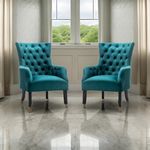 DESIGNER LIBRARY- Full Back Velvet Lounge Chair in Teal Colour | Wing Back Sofa for Living Room | Luxury Rest Chair- 1 Seater High Density Foam, Seating and Home Décor Furniture. (Pack of 2)