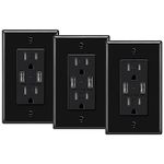 ELECTECK 3 Pack USB Wall Outlets, 4.8A Ultra Slim USB Receptacle with High Speed USB Quick Charging Ports, 15 Amp Tamper Resistant Receptacle, Self-Grounding, Wall Plate Included, UL Listed, Black