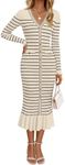 ZESICA Women's Striped Sweater Dress 2024 Fall Long Sleeve V Neck Button Slim Fit Elegant Knit Dresses, Apricot, Large