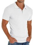 Askdeer Men's Polo Shirts Short Sleeve Zipper Polo Shirt Slim Fit Casual T Shirt Stretch Ribbed Golf Shirt White