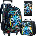 4PCS Boys Rolling Backpack, Cute Game Wheeled Bookbag，Roller School Bag with Wheels for Elementary Preschool Travel