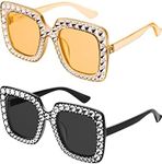 Frienda 2 Pieces Oversize Square Sparkling Sunglasses Retro Thick Frame Sunglasses (Black, Clear Tawny)