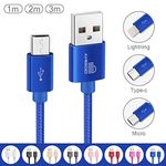 ameego [3Pack 1m+2m+3m] High Speed Strong Nylon Braided Tangle-Free 3.1A Micro USB Data Charge Cable for Samsung, HTC, Nokia, Sony, Kindle, Speaker, Power bank and More Micro USB Devices (Dark Blue)