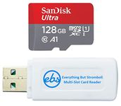 SanDisk Ultra 128GB Micro SD Card for Motorola Cell Phone Works with Moto E 2020, Moto E7, Moto G Power, Edge+ (SDSQUAR-128G-GN6MN) Bundle with (1) Everything But Stromboli MicroSD Memory Card Reader