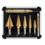 Flintronic Step Drill Bit Set, 5PCS(4-12mm, 3-13mm, 3-19mm, 5-22mm, 8-35mm), 1 Automatic Center Punch + 1 Twist Drill Bit, HSS Titanium Coated Double Slot Cone Cutting Drill with Pouch Case