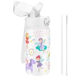 GOPPUS 420ml/14oz Kids Insulated Water Bottle with Straw Cute Double Wall Stainless Steel Child's Small Flask Vacuum Insulated Steel Metal Leak Proof Drink Flask Boys Toddler Girls Flask BPA-Free