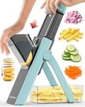 Fullstar Safer Mandoline Slicer for Kitchen, Cucumber Slicer, Potato Slicer, Julienne Vegetable Slicer, Vertical Mandoline Food Slicer Kitchen Mandoline Slicer, Fruit Slicer (4-in-1, Grey and Aqua)