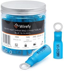 Wirefy 130 PCS Heat Shrink Ring Terminals #8 - Marine Grade Ring Connectors - Eyelet Wire Connectors - Blue 16-14 AWG