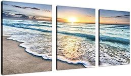 QICAI 3 Panel Canvas Wall Art for Home Decor Blue Sea Sunset White Beach Painting The Picture Print On Canvas Seascape the Pictures For Home Decor Decoration,Ready to Hang