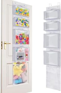 Woodoulogy Hanging Toy Storage over Door, Block Stuffed Animal Organizer Idea with 4 Removable Case Bag, Bi-Fold Closet Holder with Mesh Pocket for Kid Boy Girl