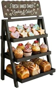 HOTCAN Foldable Wooden Cookie Display Stand for Bakers, Vendors, Market Booth, and Craft Fairs | 3 Tiered Cupcake Dessert Stand with Chalkboard Sign Ideal for Donuts, Cakes, Muffins & Pastries (Black)