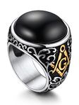 Bandmax Mens Stainless Steel Rings, 18K Gold Plated Masonic Signet Ring for Men Black Onyx Stone Ring Retro Style Biker Ring Thumb Ring Size 12