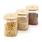 Navaris Glass Storage Jars 1L (Set of 3) - Airtight Food Containers with Wooden Bamboo Lids - Stackable Square Design for Kitchen Dry Goods